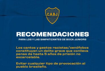 O Boca Juniors pediu aos torcedores que evitem práticas racistas enquanto estiverem no Rio de Janeiro para acompanhar a final da Libertadores