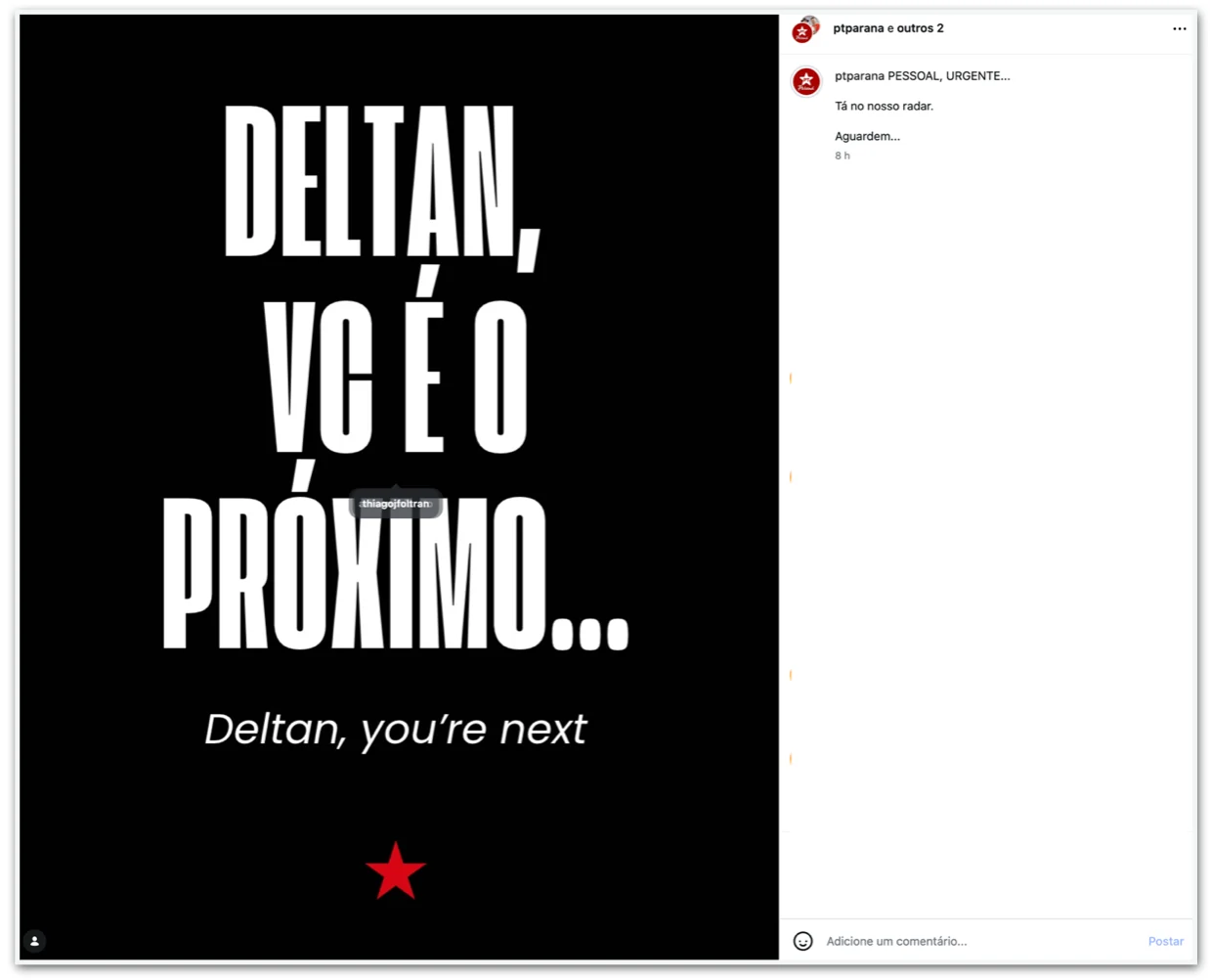 PT publica mensagem em tom de ameaça direcionada a Deltan Dallagnol​‌