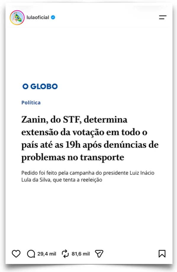 Zanin estende votação até 19h após pedido da campanha de Lula